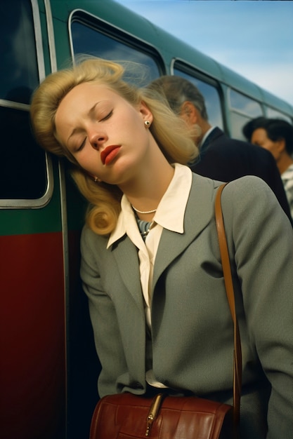 Une femme de taille moyenne dort dans les transports en commun.