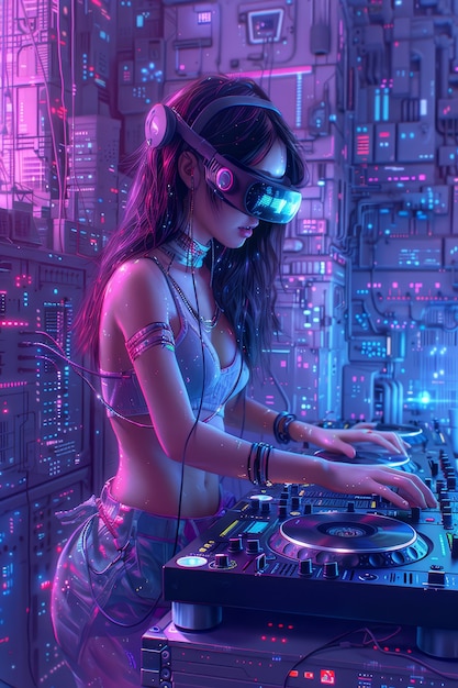 Une femme de taille moyenne est DJ avec des lunettes de réalité augmentée.