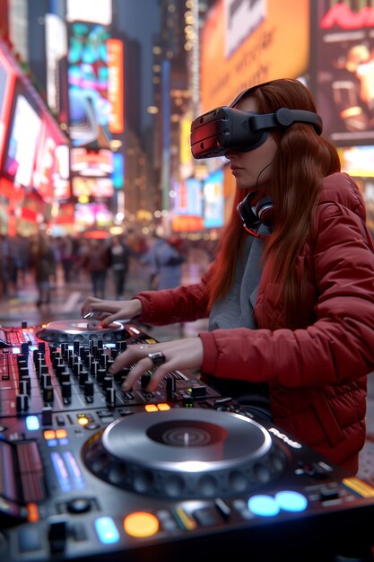 Une femme de taille moyenne est DJ avec des lunettes de réalité augmentée.