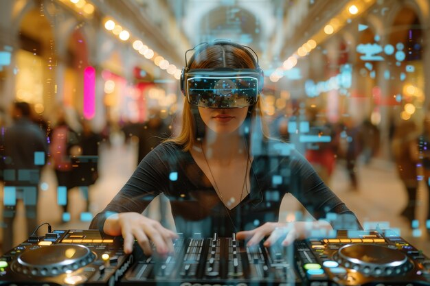 Une femme de taille moyenne est DJ avec des lunettes de réalité augmentée.