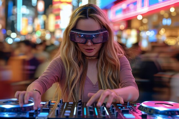 Une femme de taille moyenne est DJ avec des lunettes de réalité augmentée.