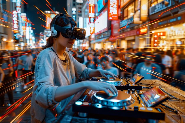 Une femme de taille moyenne est DJ avec des lunettes de réalité augmentée.