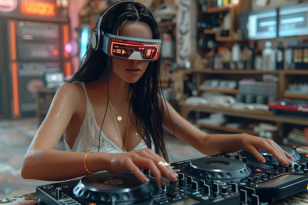 Une femme de taille moyenne est DJ avec des lunettes de réalité augmentée.