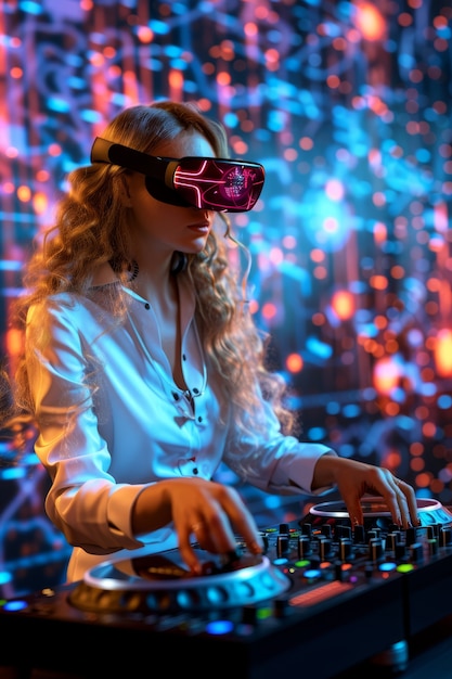 Une femme de taille moyenne est DJ avec des lunettes de réalité augmentée.