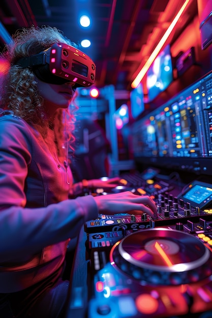 Photo gratuite une femme de taille moyenne est dj avec des lunettes de réalité augmentée.