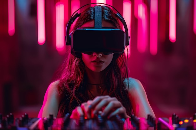 Une femme de taille moyenne est DJ avec des lunettes de réalité augmentée.