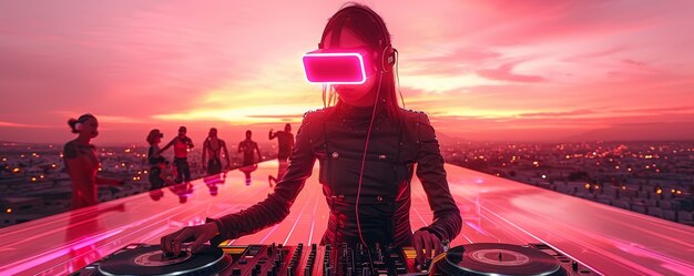 Une femme de taille moyenne est DJ avec des lunettes de réalité augmentée.