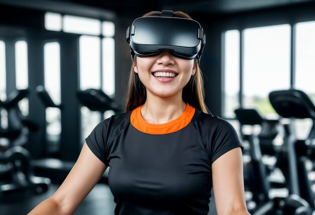 Une femme de taille moyenne faisant du fitness avec des lunettes VR.