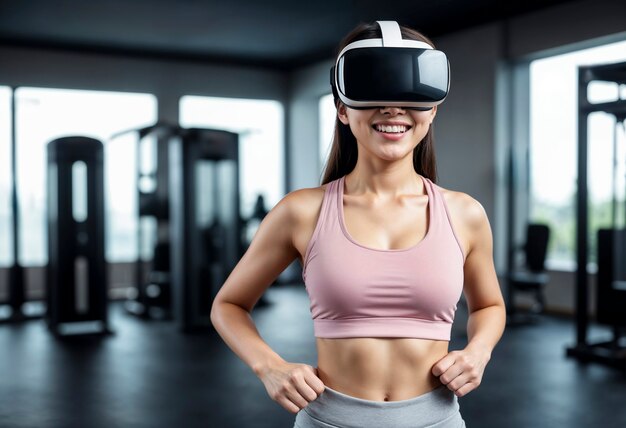 Une femme de taille moyenne faisant du fitness avec des lunettes VR.