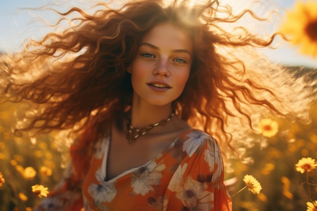 Une femme de taille moyenne posant avec des fleurs.