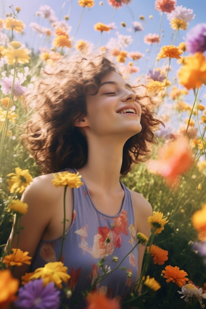 Une femme de taille moyenne posant avec des fleurs.