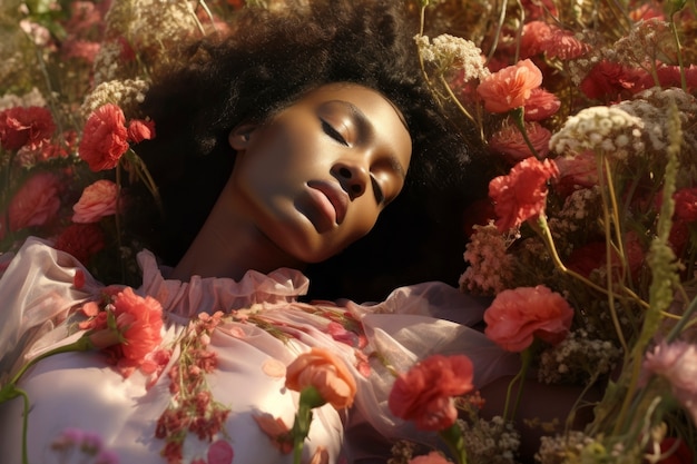 Photo gratuite une femme de taille moyenne posant avec des fleurs.