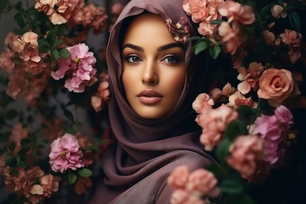 Une femme de taille moyenne posant avec des fleurs.