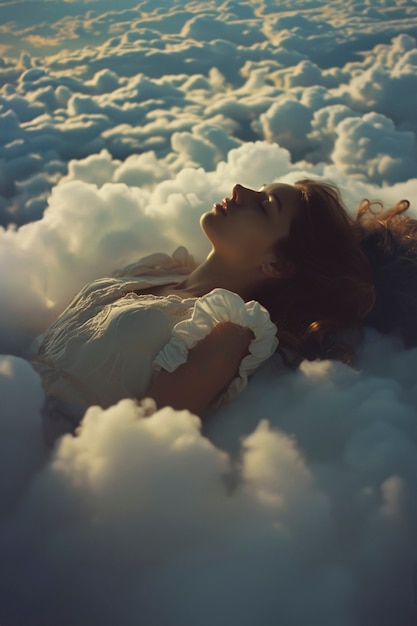 Une femme de taille moyenne qui dort sur les nuages.