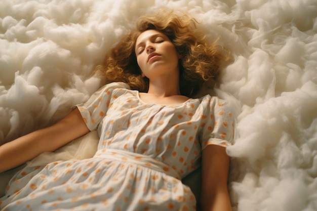 Une femme de taille moyenne qui dort sur les nuages.