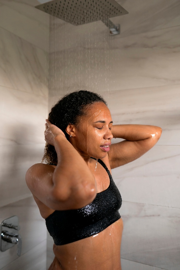 Photo gratuit une femme de taille moyenne qui prend une douche.