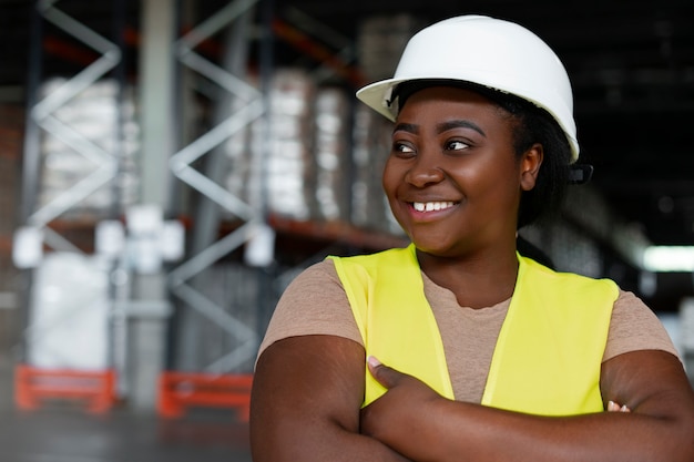 Femme de taille plus, plan moyen, travaillant dans la construction