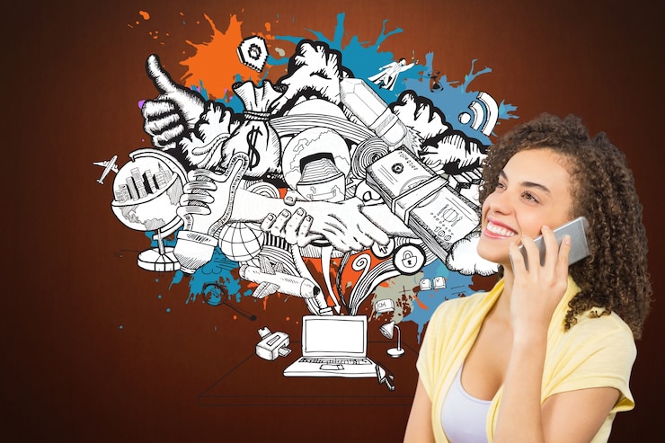 Photo gratuit femme avec un téléphone entouré de dessins