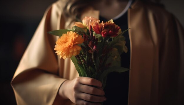 Une femme tenant un bouquet de fleurs fraîches générées par l'IA