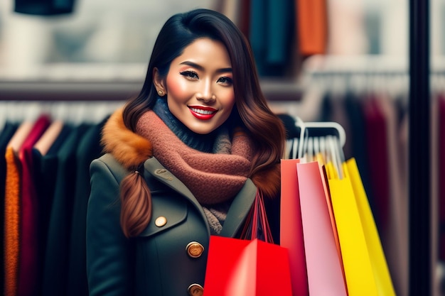 Une femme tenant des sacs à provisions dans un magasin