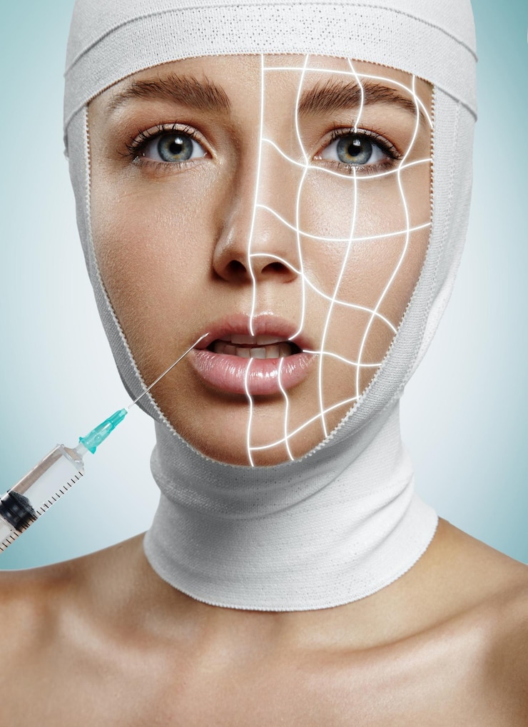 Photo gratuit femme en train d'augmenter ses lèvres et avec des lignes sur son visage