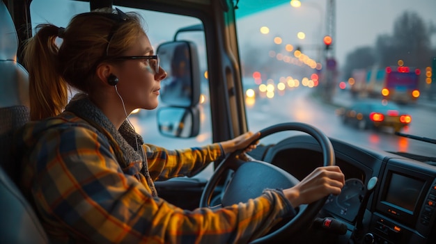 Photo gratuite femme travaillant comme chauffeur de camion