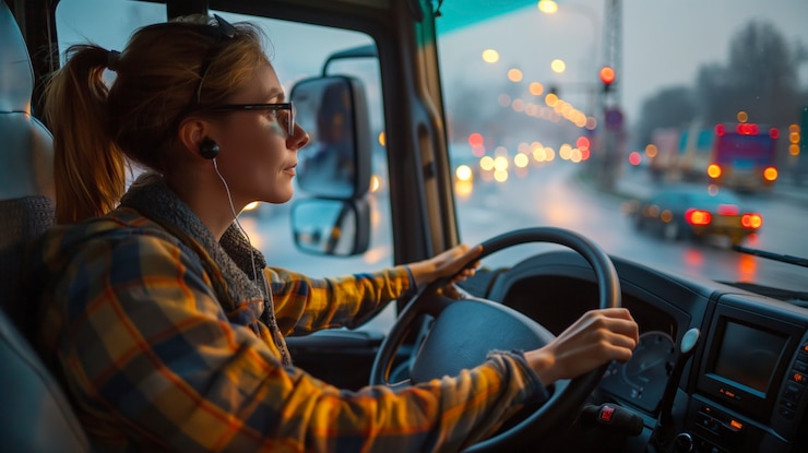Photo gratuit femme travaillant comme chauffeur de camion