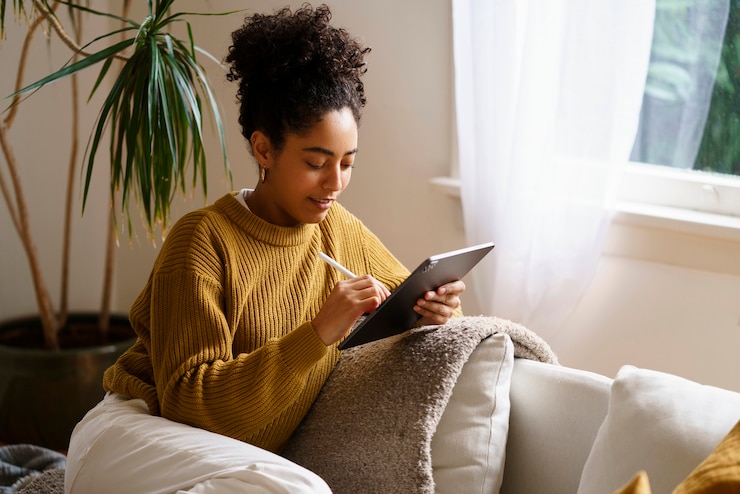Photo gratuit femme utilisant la technologie de la tablette numérique