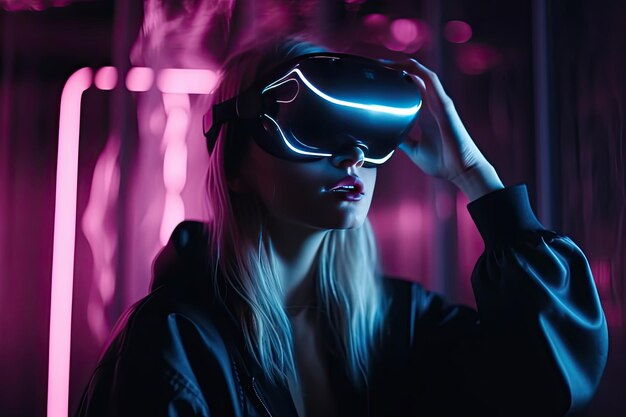 Femme utilise un casque de réalité virtuelle Neon light studio portrait Concept de technologie de réalité virtuelle Ai générative