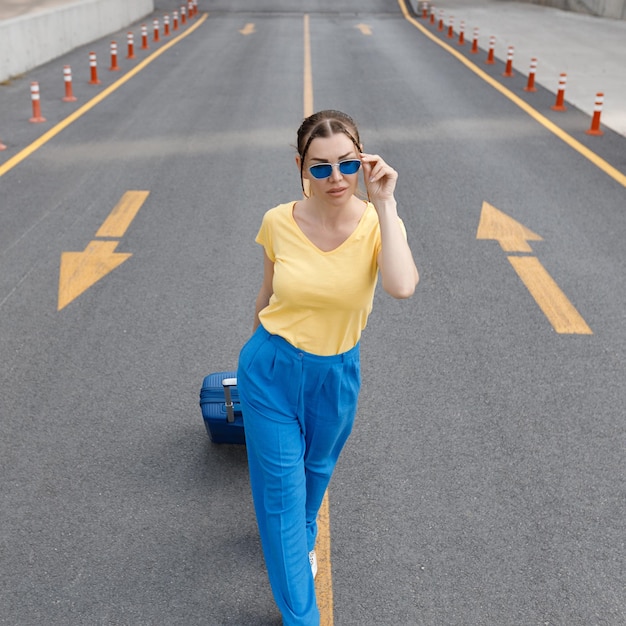 femme avec valise allant sur la route