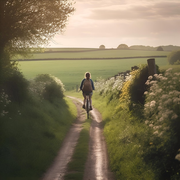 Photo gratuite une femme à vélo sur une route de terre dans la campagne britannique