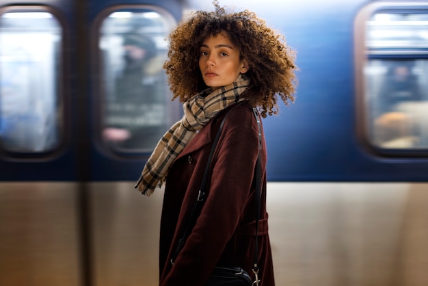 Femme voyageant avec le métro dans la ville