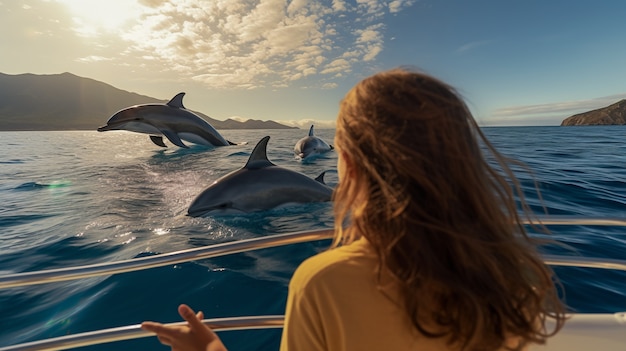 Femme vue arrière regardant les dauphins nager