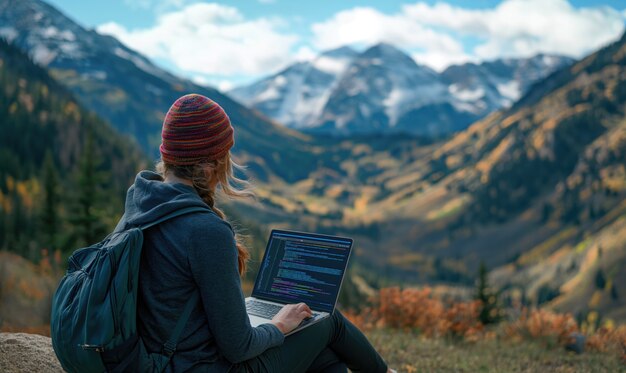 Femme vue côté, travaillant dans la nature