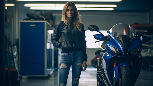 Photo gratuite femme vue de face avec moto cool