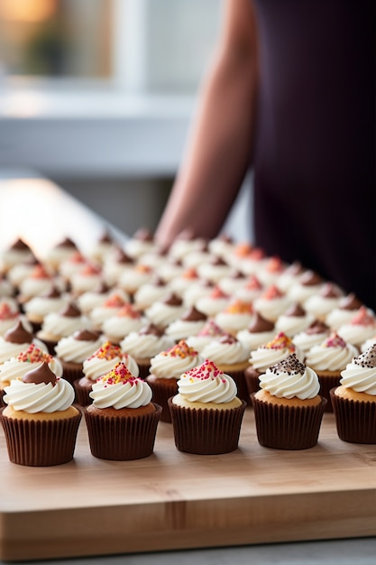 Femme vue de face et plateau avec cupcakes