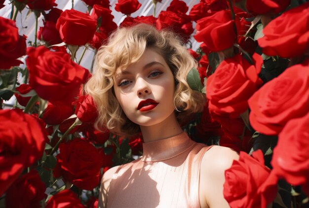 Femme vue de face posant avec de belles roses