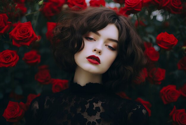 Femme vue de face posant avec de belles roses