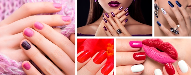 Photo gratuit femmes avec collage créatif coloré d'art d'ongle