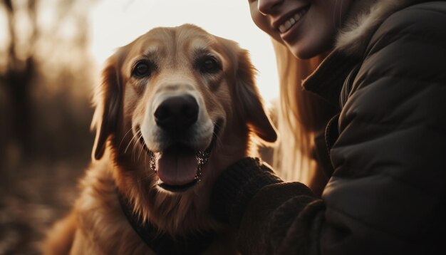 Femmes embrassant un adorable retriever profitant de la beauté de la nature générée par l'IA