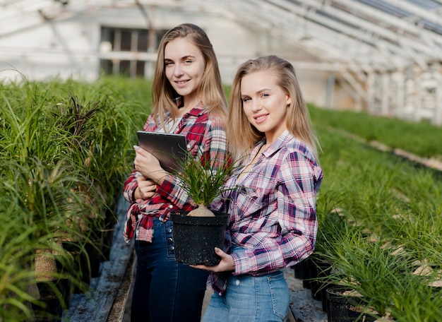 Femmes qui soignent des plantes de serre