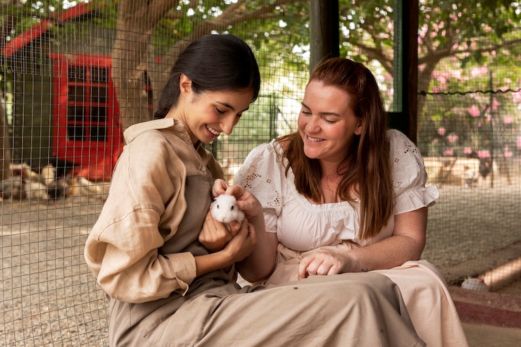 Photo gratuit femmes souriantes à coup moyen avec un lapin mignon