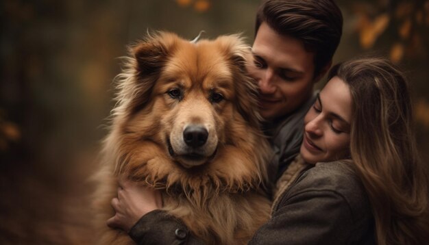 Des femmes souriantes embrassent un chien mignon dans la beauté de la nature générée par l'IA