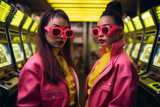 Photo gratuite des femmes de taille moyenne dans un casino futuriste.