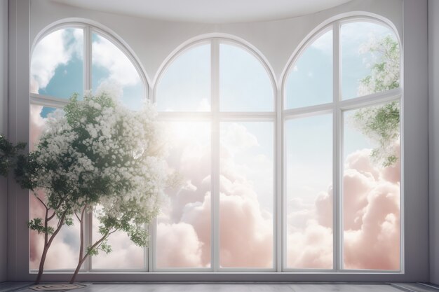 Fenêtre avec vue surréaliste et magique sur le paysage