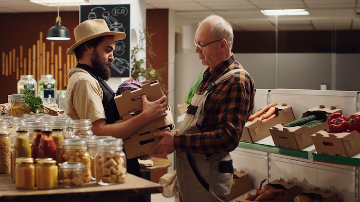 Photo gratuit un fermier remplit le supermarché de légumes.