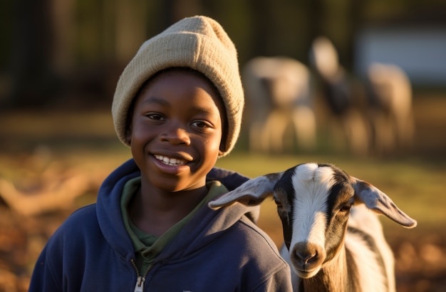 Photo gratuite un fermier s'occupe d'une ferme de chèvres photoréaliste