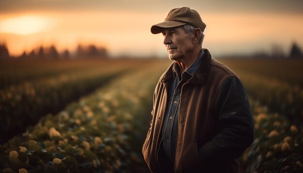 Fermier senior souriant au coucher du soleil d'automne tranquille généré par l'IA