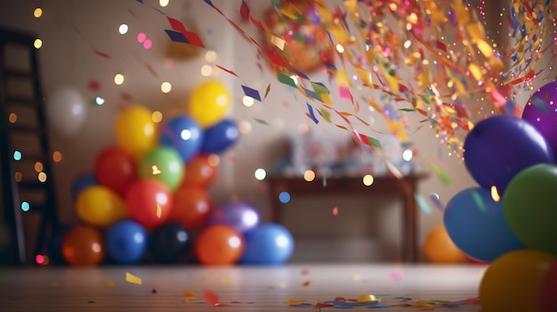 Photo gratuite fête d'anniversaire avec rubans suspendus et guirlande dans une pièce décorée