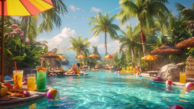 Une fête au bord de la piscine au paradis tropical pour les enfants, avec des boissons tropicales sous les palmiers et un jeu de ballon de plage